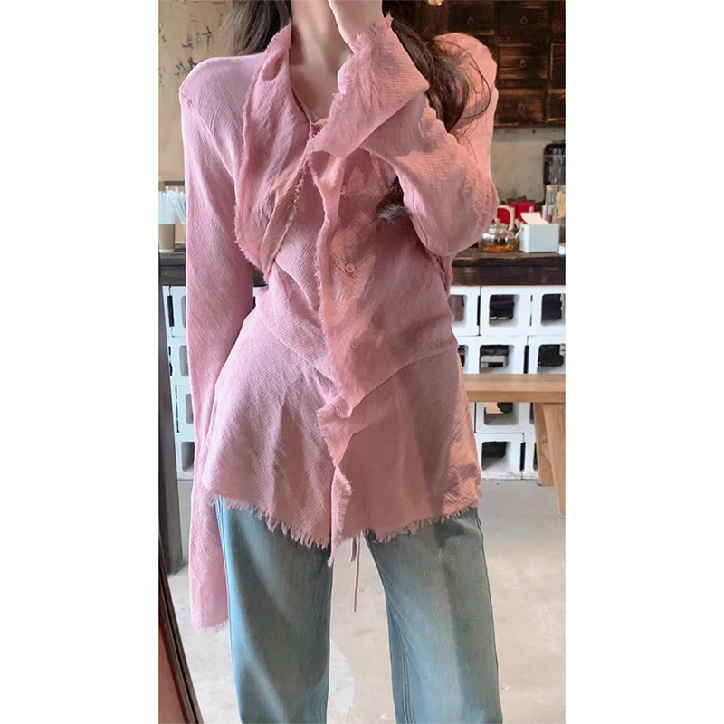 French Pink Tassel Long-sleeved Shirt Women's 2025 Summer Thin Design Sense Tight Waist Slimming Unique Chic Top