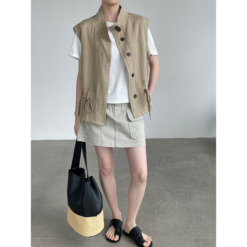 Taochuan 26 New Summer Style Stand-Up Collar Workwear Style Vest for Women with Drawstring Sleeveless Outer Top M8712