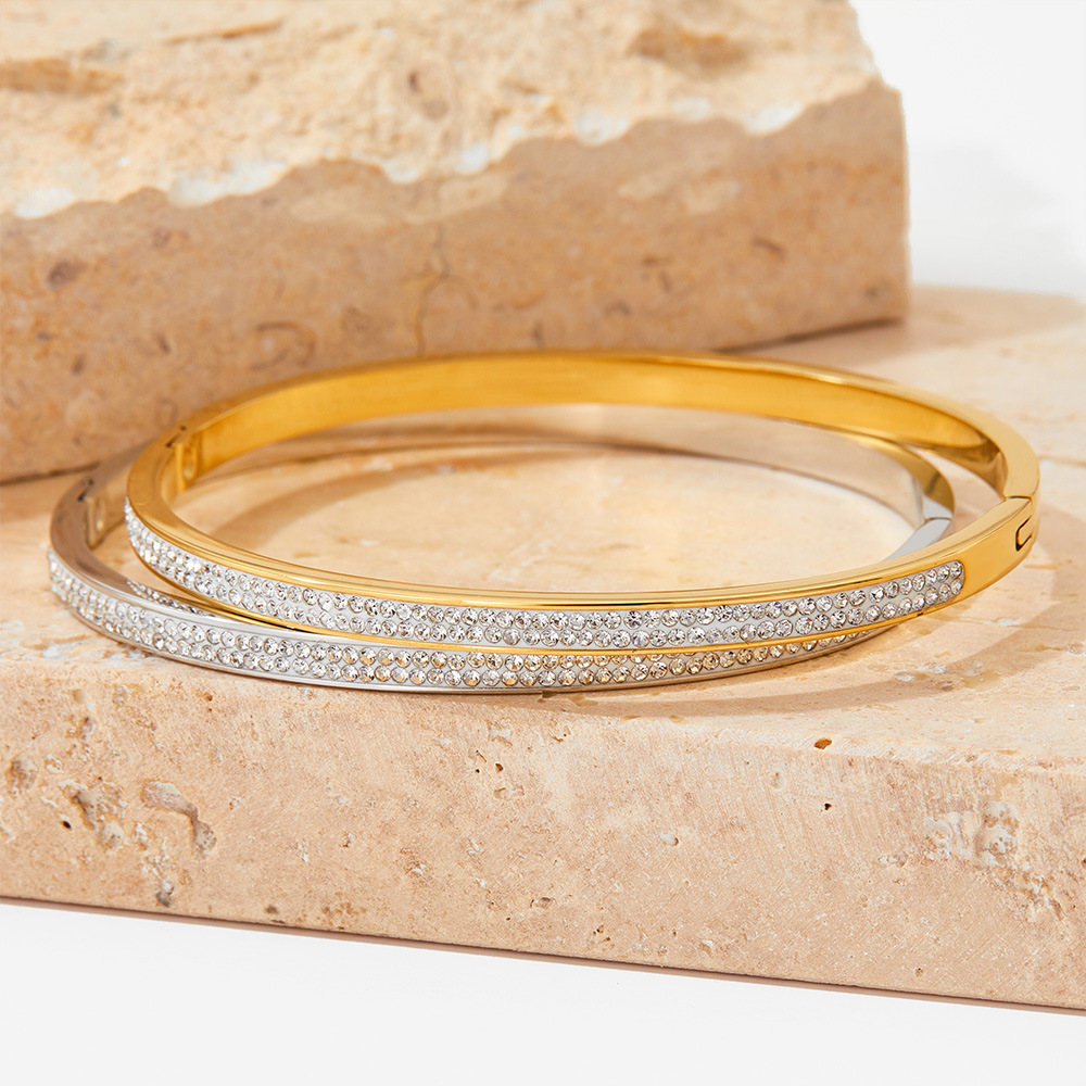 PVD Coated Gold Plating Process Real Gold Plated Plating Material Fashion Solid Color 304 Stainless Steel 16K Gold Plated White Gold Plated Gold Plated Rhinestones Stainless Steel Bracelets In Bulk