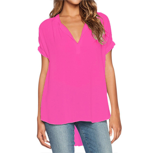 Summer European and American Fashion Women's V-neck Short-sleeve Short Front Long Back Loose Chiffon Shirt Top for Women