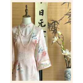 粉子黛早秋新中式粉色改良旗袍倒大袖收腰气质国风连衣裙长款