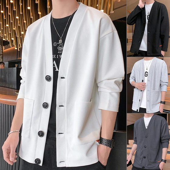 Cross-border Foreign Trade Japanese V-neck Cardigan Sweater Men's Solid Color Padded Pocket Cardigan Coat Wafflour College Fashion