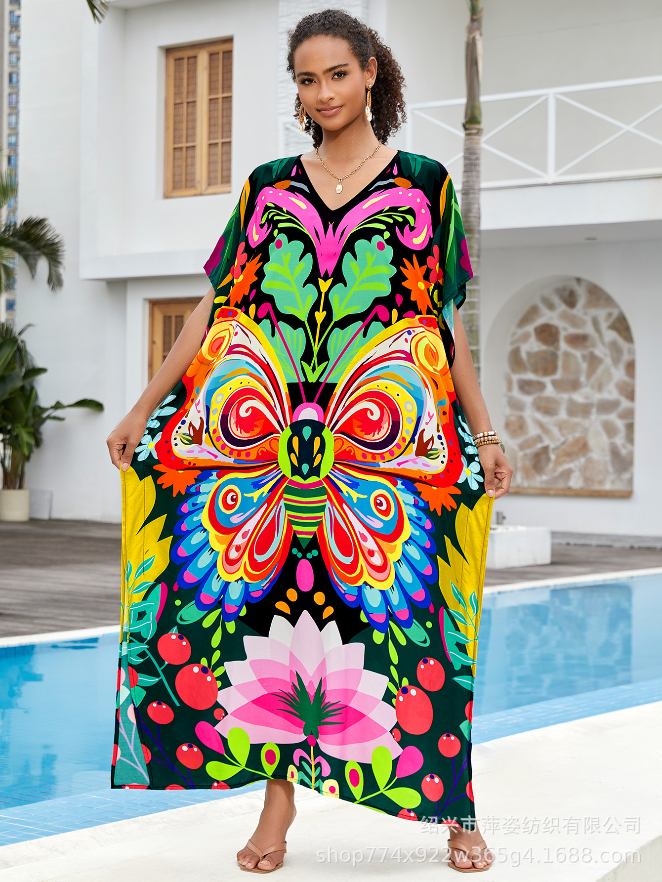 Camiseta de playa algodón impresa bohemia vestido vestido bat-mangas túnica bañador abrigo AT621