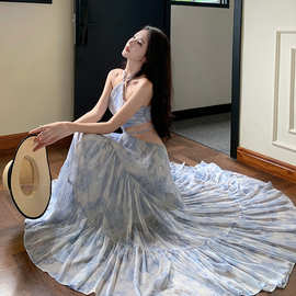 蓝玫瑰印花手工麻花编绳露腰性感气质小个子连衣长裙女夏