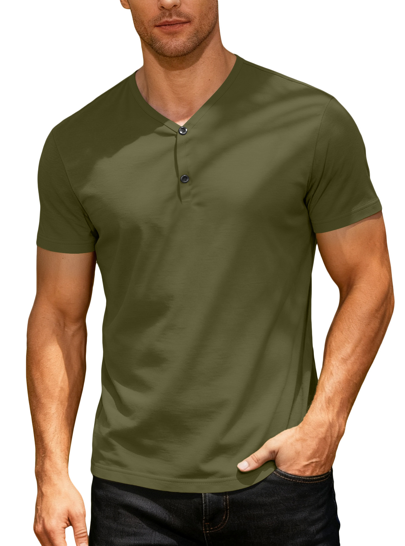 2025 TEMU transfronterizo hombre europeo y americano color sólido cuello V transpirable sudor deportivo casual ligero camiseta de manga corta regular