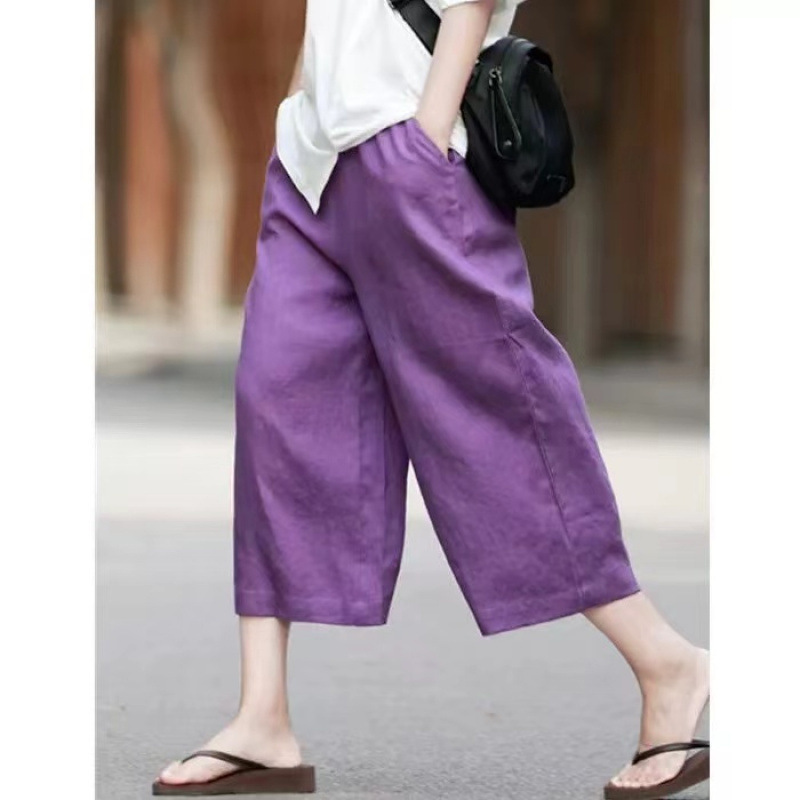 Linen Wide-leg Pants Women's Summer New Arrival plus size Loose Thin High-waist Slimming Short-length Casual Cropped Pants