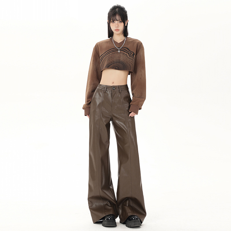 Maillard PU Leather Pants High Waist Wide Leg Casual Pants Women's Autumn 2024 New Loose Slimming Straight Pants Maillard PU Leather Pants High Waist Wide Leg Casual Pants Women's Autumn 2024 New Loose Slimming Straight Pants