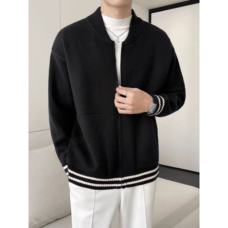 Maglione casual ampio alla moda autunnale e invernale, semplice cardigan lavorato a maglia con cerniera e cuciture a righe_voghion.com