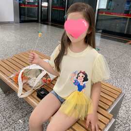 新款女童夏季网纱泡泡袖公主T恤休闲甜美立体卡通短袖上衣百搭潮