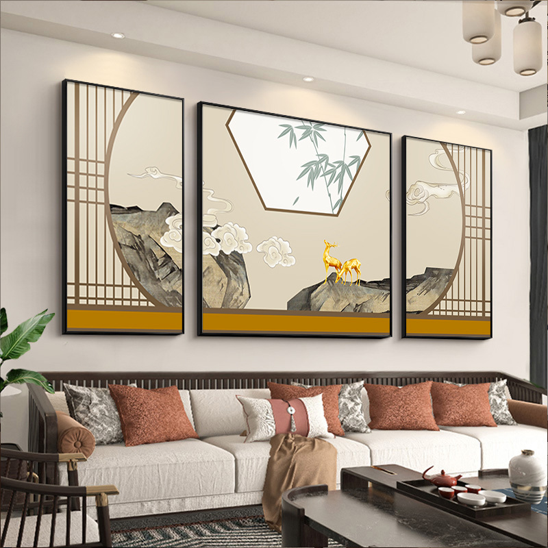 新中式客厅装饰画金鹿沙发背景墙寓意好壁画三联古风花鸟挂画竹子