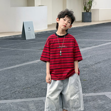 棉小铺男童T恤夏季儿童短袖2026新款韩版潮酷条纹透气宽松童装潮