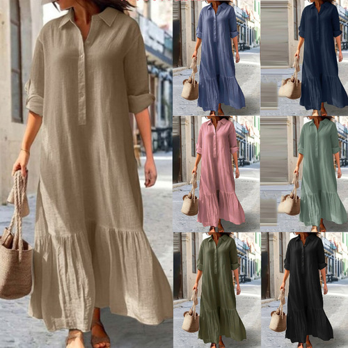 2025 New Arrival Cotton-Linen Long Irregular Dress for European and American Markets, Casual Skirt with Shirt Collar and Twisted Buttons