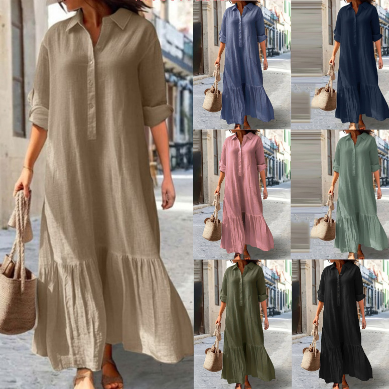 2025 Foreign Trade European and American New Style Cotton and Linen Long Irregular Dress with Shirt Collar and Twist Button Casual Dress