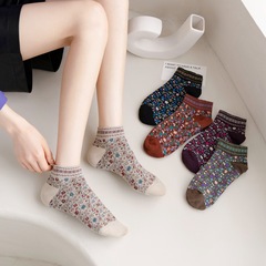 Women's Spring and Summer New Thin Short Socks 2022 Middle Calf Floral Rustic Student Socks Factory Wholesale