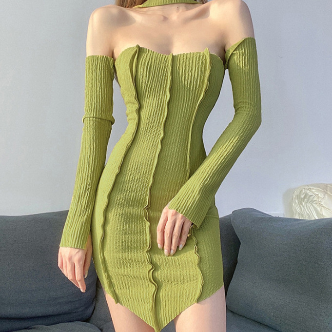 European and American Fashion Trend 2022 Foreign Trade Autumn New Women's Solid Color Sexy Neck Off-Shoulder High Waist Dress