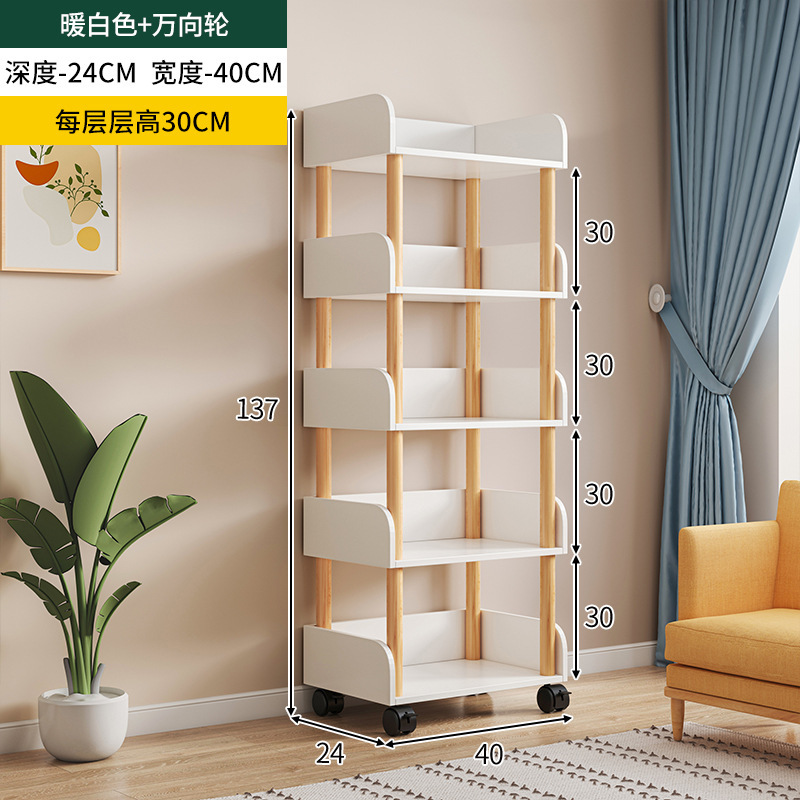 シンプルな机のそばのネットの赤い移動可能な小さな本棚の車輪付きの棚の床の多層の本の収納棚|undefined