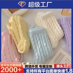 秋冬软糯麻花毛绒袜子加厚绒防寒月子袜日系马卡龙糖果色中筒袜女