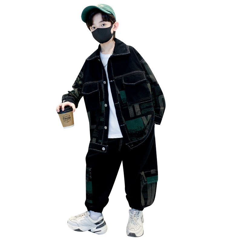 Berniuko džinsinis kostiumas 2024 m., nauji drabužiai, dideliems vaikams, pavasario ir rudens stiliaus, sprogstamasis, dviejų dalių komplektas, sportinis, madingas_voghion.com