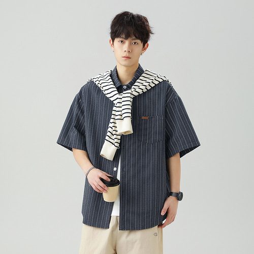 Texture feeling slightly wrinkled, color-blocking stripes short-sleeve shirt, summer Japanese-style loose casual turnover collar shirt jacket q