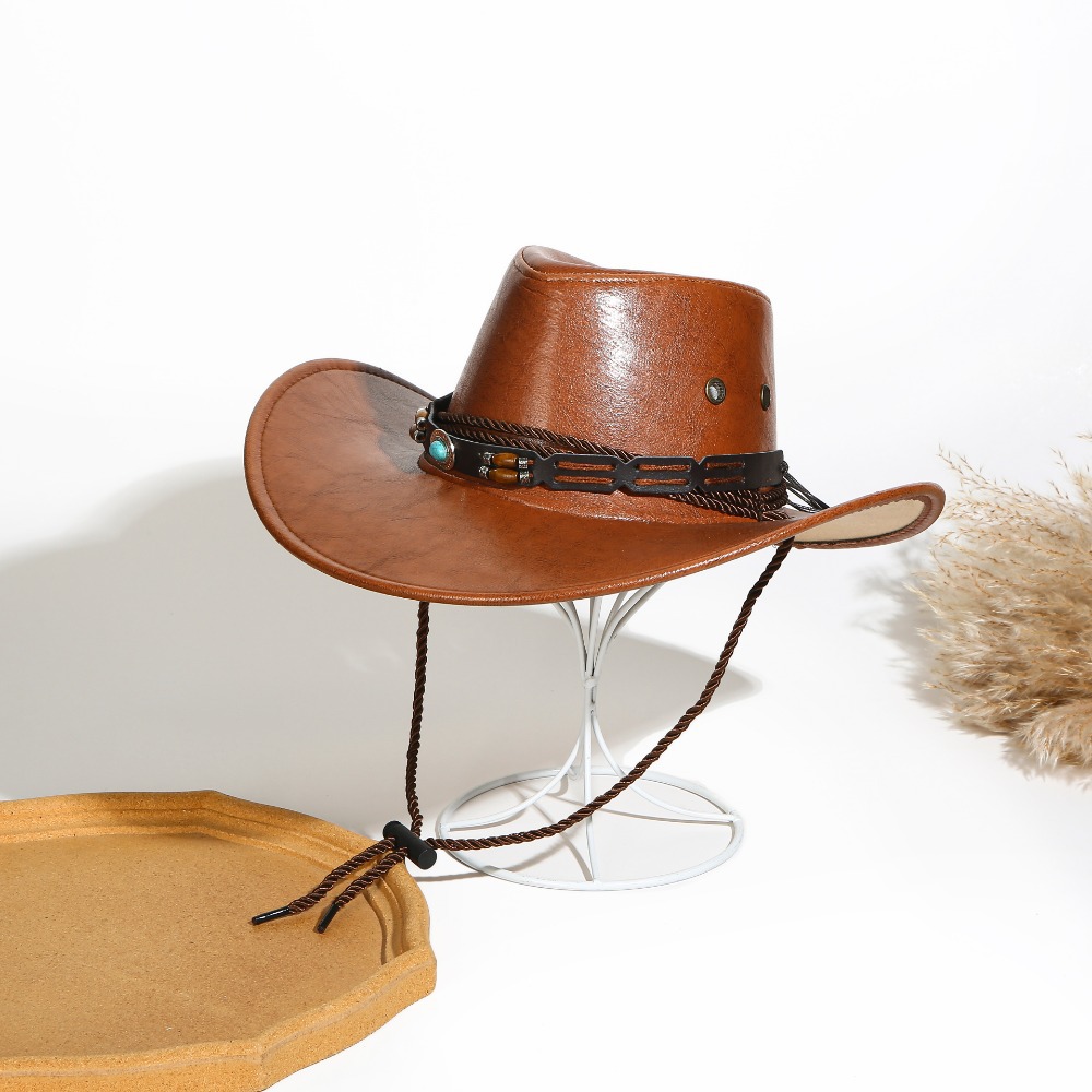 Unisex Ethnic Wind shade Western Cowboy hat Smooth leather PU Outdoor Sunblock rolled edge Knight top hat_voghion.com