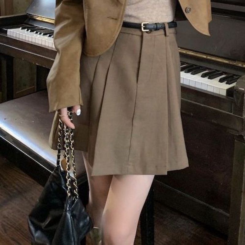 美拉德咖色复古皮衣春秋小个子美式夹克上衣外套百褶短裙两件套女|undefined