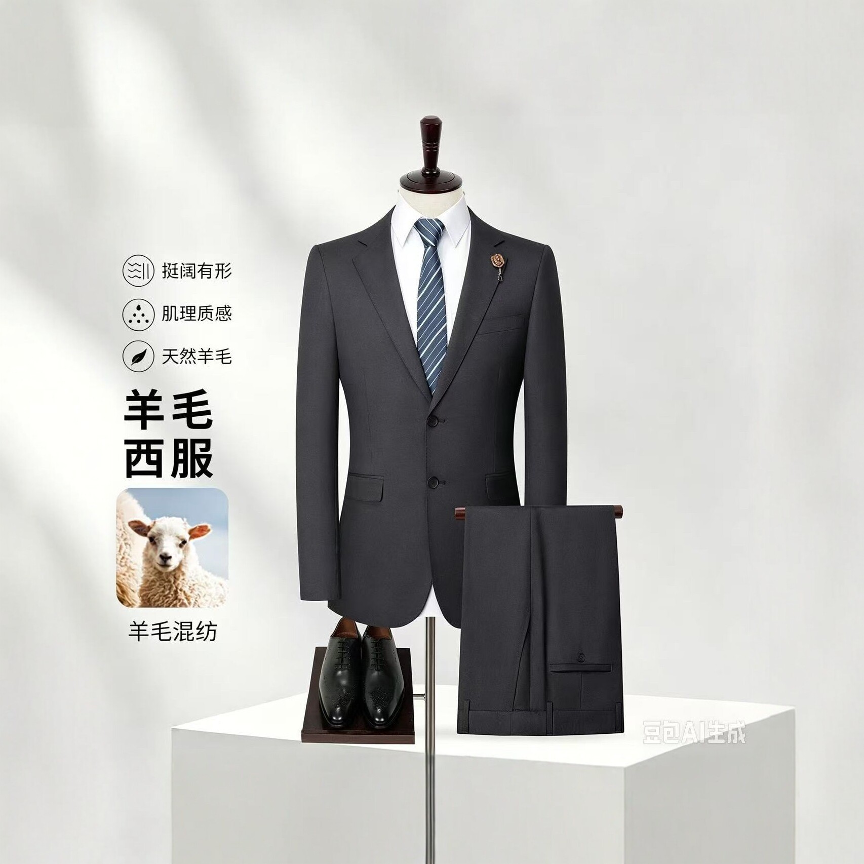 羊毛混纺男士西服套装商务正装修身平驳领两件套职业工装新郎礼服