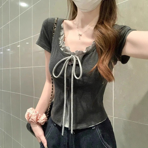 Korean Pure Desire Color Block Collar Strap Pseudo Two-Piece Sleeveless Top for Women Summer Unique Design Short-Sleeve Versatile Blouse