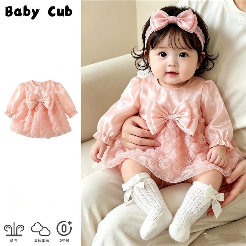 Baby clothes, sweet bowknot design, for baby girls, suitable for a hundred-day celebration or first birthday, pink princess dress, party dress