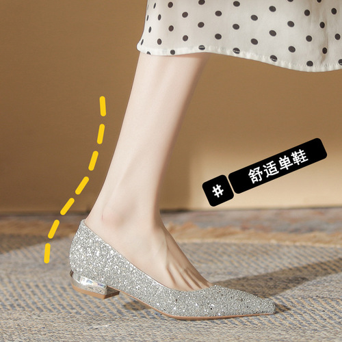 2213 Pointed toe flat shoes for women 2024 new low heel silver crystal wedding shoes shallow mouth not tiring feet thick heel single shoes