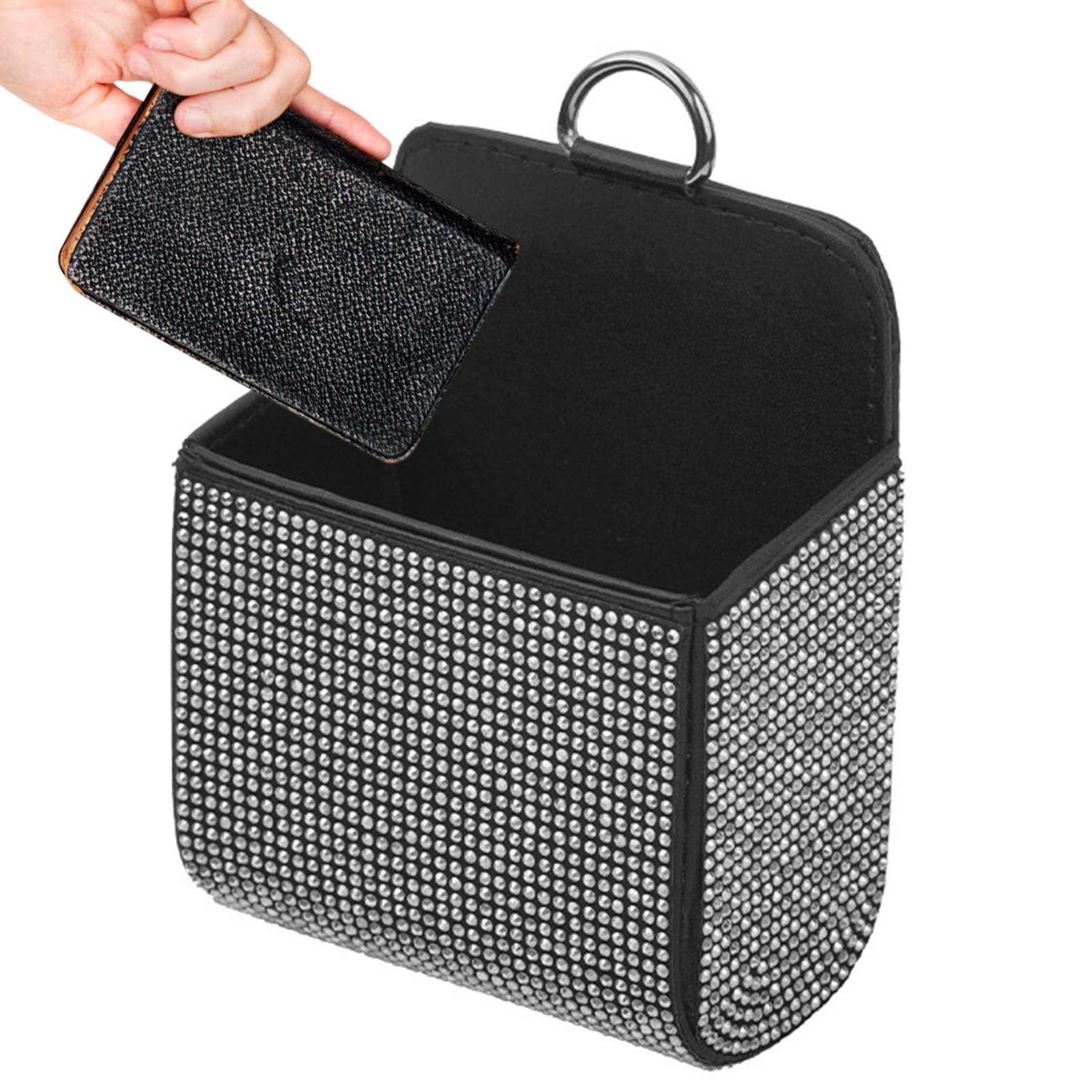 Car Diamond-Encrusted Document Storage Box, Car Air-Conditioning Vent Storage, Multi-Functional Leather Storage Bag with Diamonds