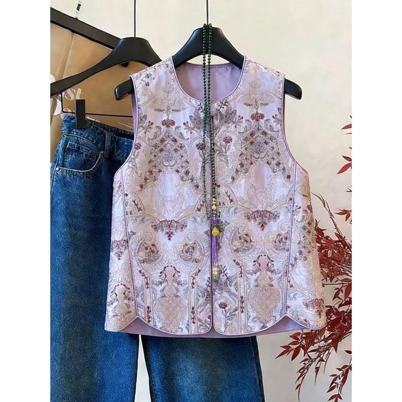 Nuevo estilo chino de estilo de viaje sin mangas chaleco suelto mujer 2026 primavera nuevo cuello redondo hebilla de una sola fila de impresión de reducción de edad hombro image 2