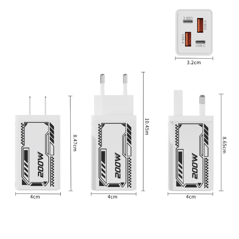 200W マルチポート充電ヘッド デュアル Typec + デュアル USB 高速充電ヘッド Apple Huawei 携帯電話メカ充電器に適しています|undefined