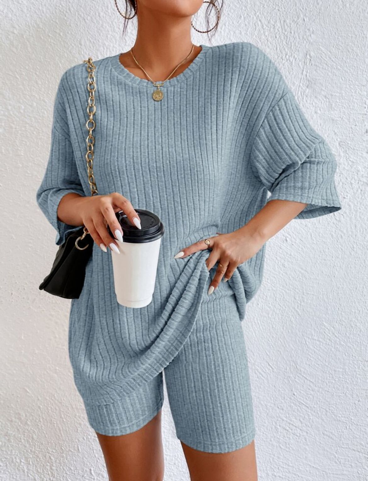 Women's Casual Solid Colour Shorts Set Round Neck Spring Outfit_voghion.com
