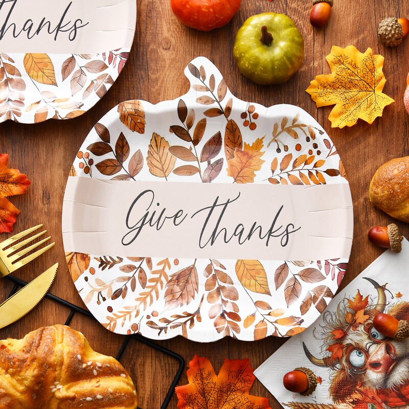 Thanksgiving Pumpkin-Shaped Disposable Paper Plates, Holiday Party Dinner Themed Tableware with Cartoon Prints, Customizable