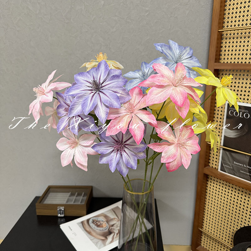 3头铁线莲 小玉兰花 婚礼舞台花排吊顶假花 室内造景摆件装饰绢花