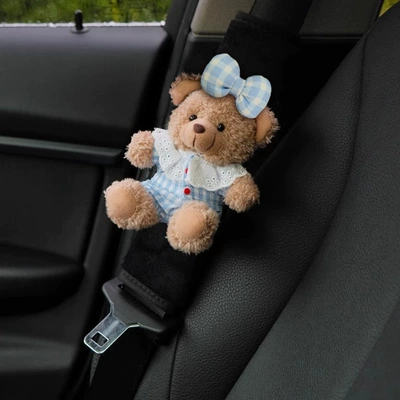 Explosive car seat belt shoulder pad car safety belt set car decoration accessories ornaments creative bear women (Seat belt shoulder pad) - doll-collar-blue-plaid-bow-bear-black-velvet-shoulder-pads-single