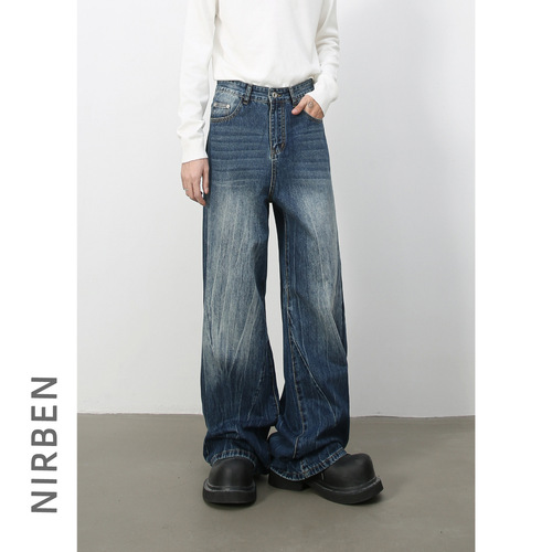 Nirben Denim | American Retro Distressed Streetwear Men's Water Wave Print Trend Brand Loose Straight Leg Wide Pants