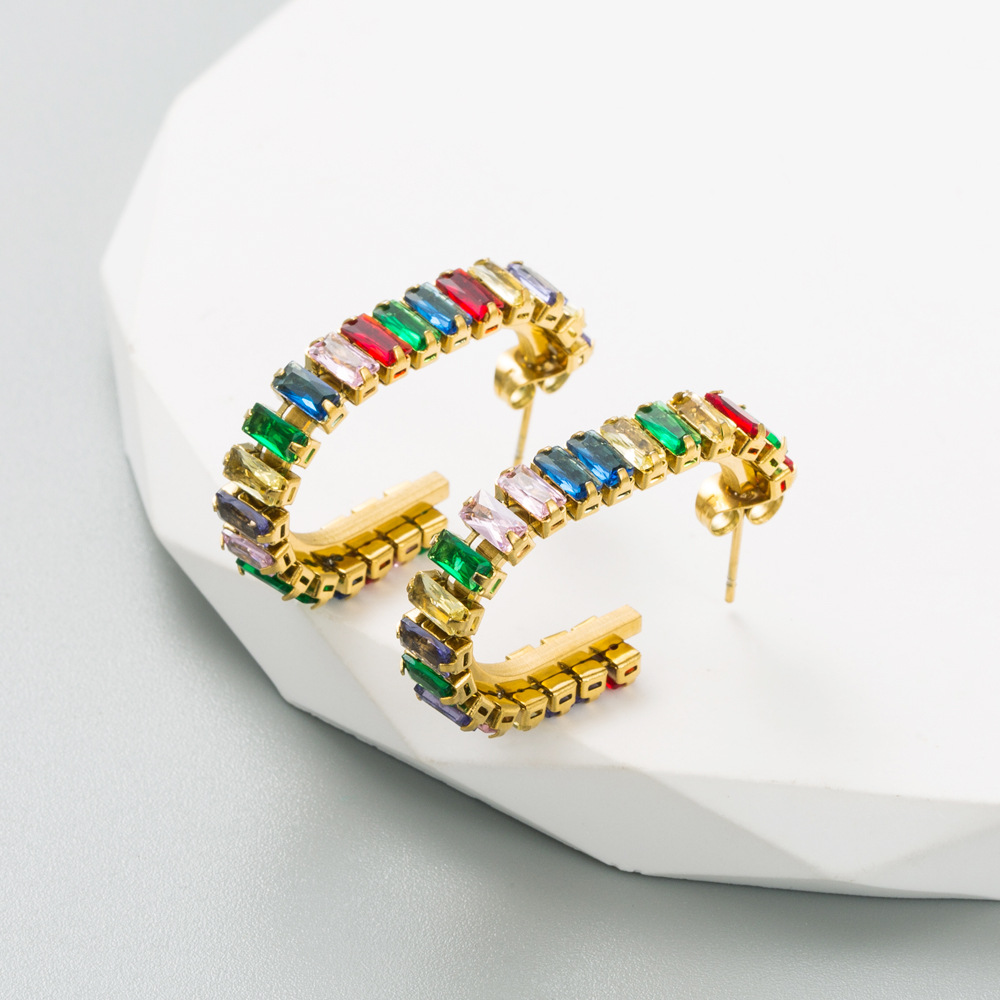 Fashion C Shape Geometric Titanium Steel Rhinestones Ear Studs 1 Pair