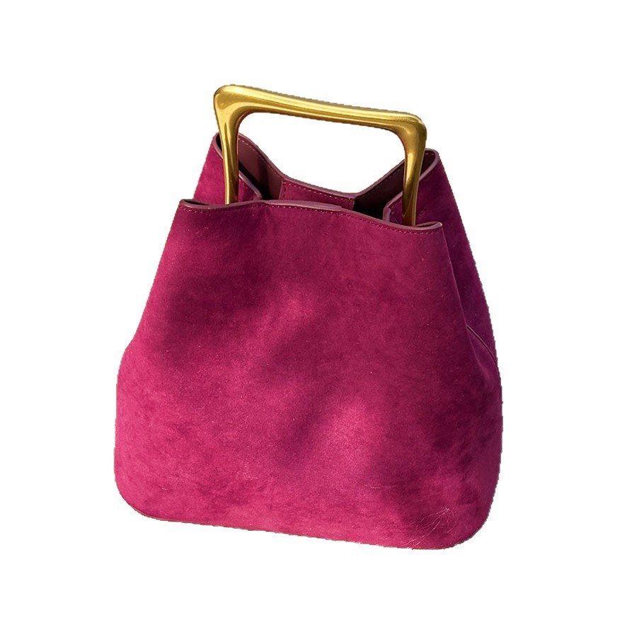 Rosarote Wildleder-Beuteltasche, lässig-schlicht, leicht luxuriös, mit Metallgriff, Damenhandtasche_voghion.com