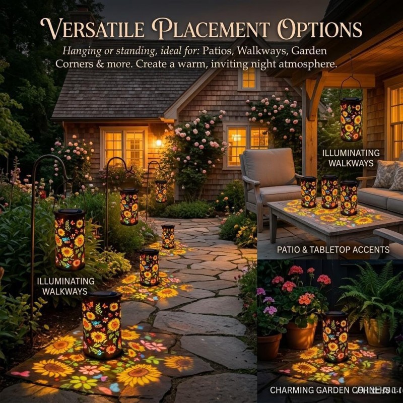 Solar Sunflower Colorful Projection Outdoor Decorative Light Courtyard Hollow Lantern_voghion.com
