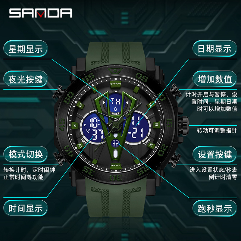 SANDA 6105 nueva venta caliente Moda juvenil reloj electrónico multifunción luminoso impermeable despertador