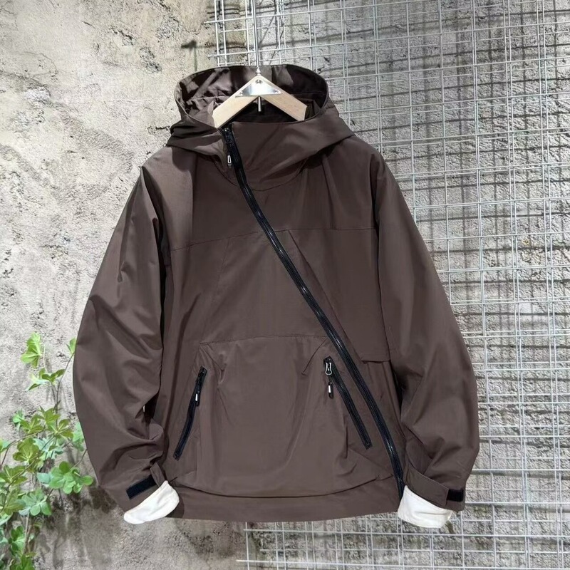 American Style Outdoor Oblique Zipper Rain-proof Jacket Jacket for Men and Women Autumn and Winter Hooded Jacket Design Sense