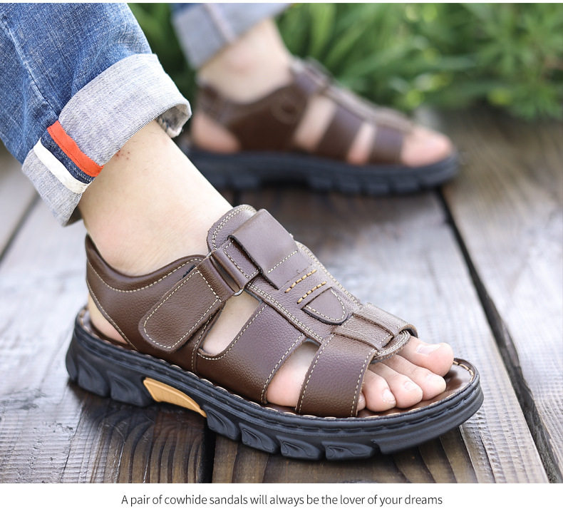 Dép sandal nam da bò hở ngón đi biển chống trượt — nâu, đen chi tiết 17