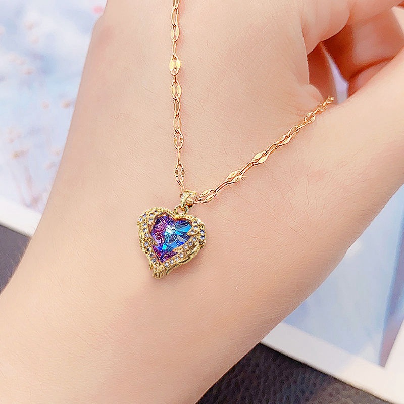 1 Piece Quantity Holiday, Banquet Occasion Titanium Steel Lady Inlay Heart Shape Artificial Gemstones Pendant Necklace