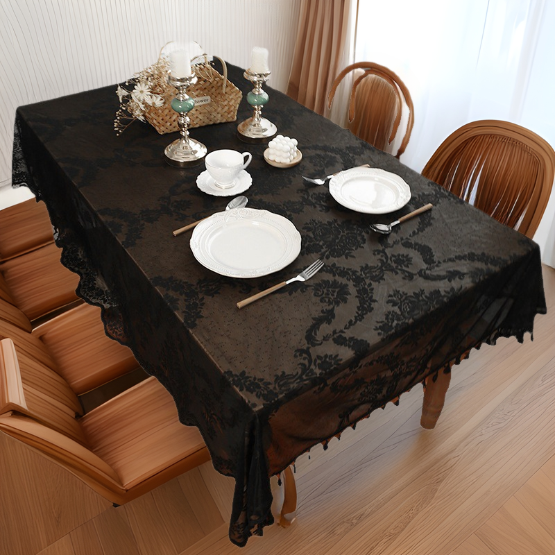 Small Tassel Lace Tablecloth for Home Use, Black and White Rectangular Dining Table Mat, Coffee Table Decorative Tablecloth, Wholesale Waterproof and Oil-Proof