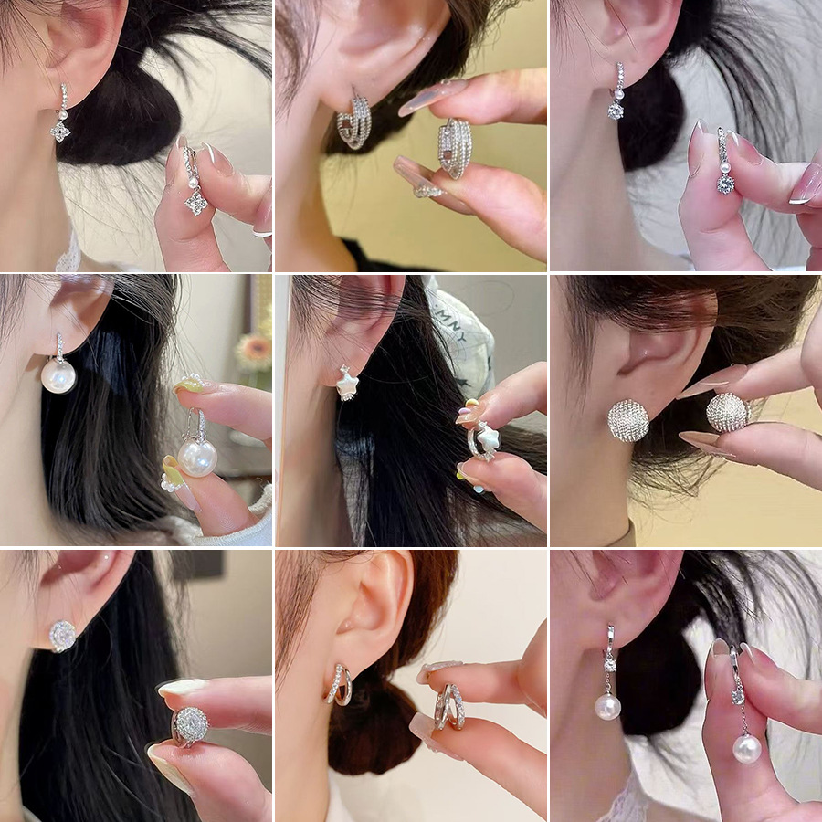 S925 Silver Needle Earrings Super Flash Zircon Pearl Pendant Earrings Women's Accessible Luxury High-End Exquisite Versatile Elegant Earrings