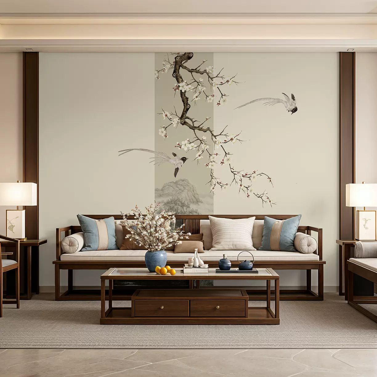 宋代美学沙发卧室茶室中式背景墙纸画客厅山水画环保墙布壁画