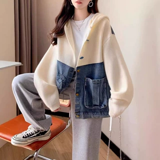 小众高级感连帽甜酷风针织开衫女装2024秋冬新款牛仔拼接毛衣外套