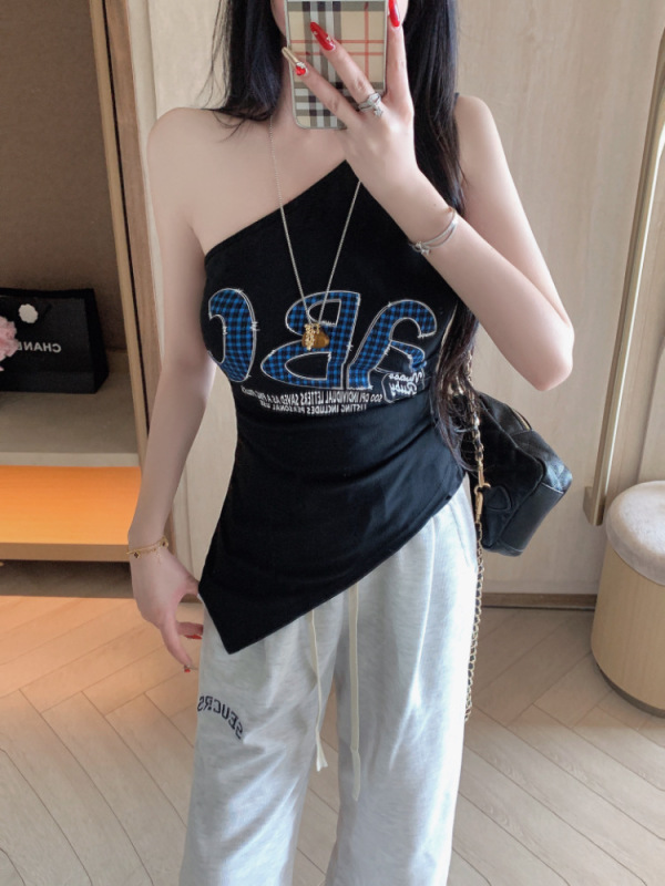 街头风辣妹斜肩不规则吊带背心女夏季内搭美背文胸一体带胸垫上衣|undefined