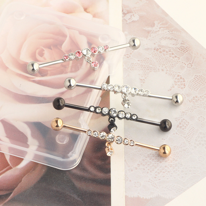 14G Industrial Barbell Earring Star Piercing Jewelry Rose Gold White Crystal detail image 11
